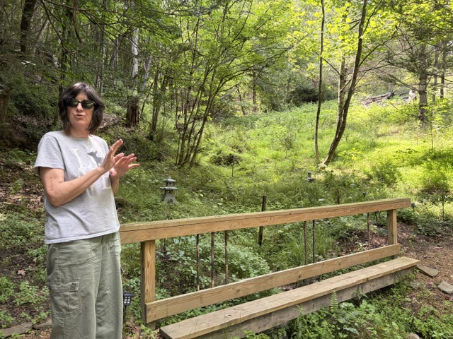 A landscape image of a white woman standing on a bridge.
