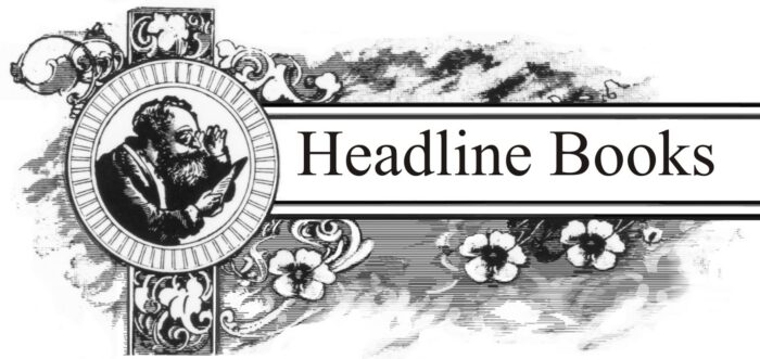 Black and white logo for Headline Books. It features a drawing of an old man wearing glasses and reading a book. Surrounding the words are drawings of flowers.