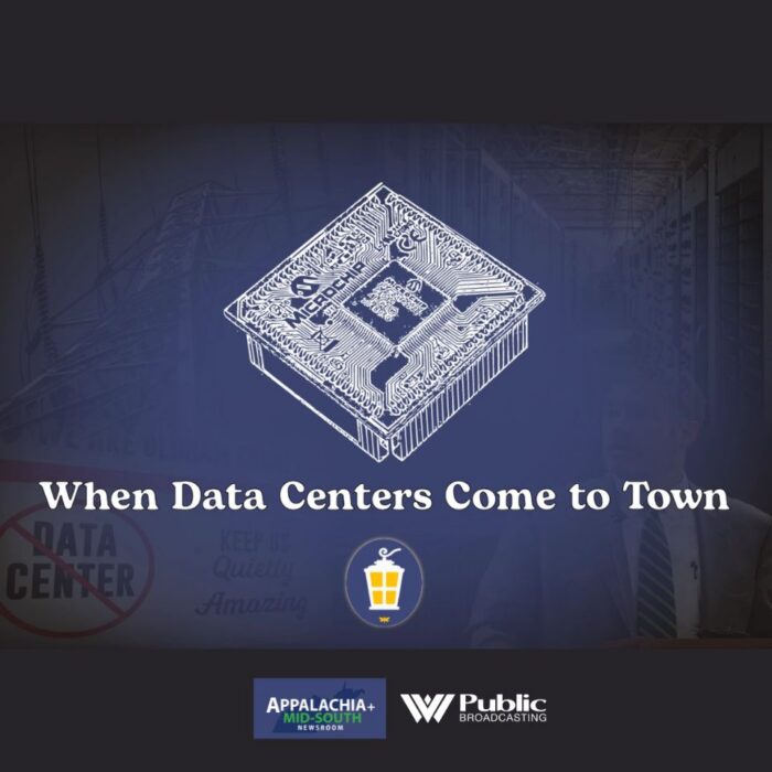 A graphic of a blueprint for a computer chip. Text on the graphic reads, When Data Centers Come to Town. Below that is the Porch Light Newsletter logo. The Appalachia + Mid-South Newsroom and WVPB logos are also visible.