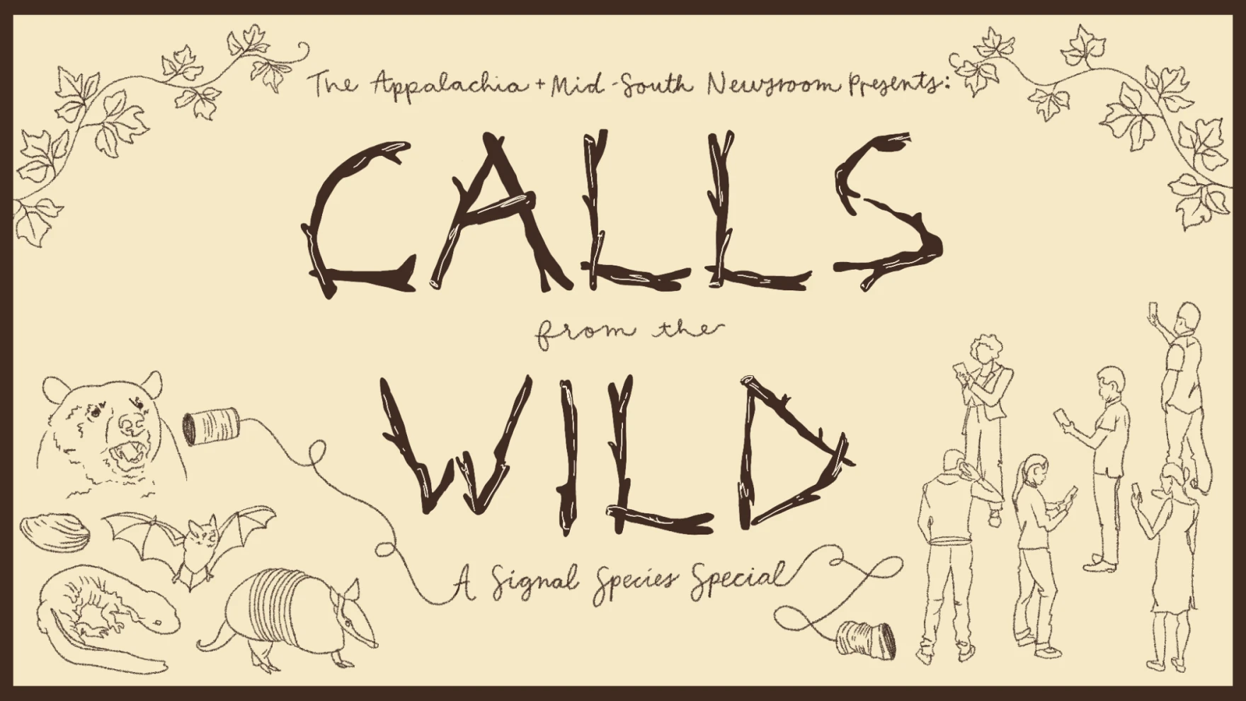 An illustration of several species of animal and one plant on a tan background. The text "Calls of the Wild" is visible in a font that looks like sticks.