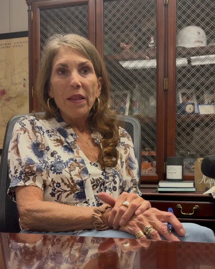 An older woman sits at a desk and appears to be talking. She is wearing a dressy shirt with blue flowers.