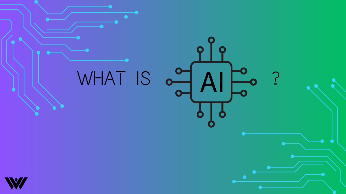 A series graphic for a limited radio series from WVPB titled, What Is AI? The graphic featured computer circuits and a computer chip that says AI in the center. The WVPB logo in black is also seen in a corner of the graphic. Behind the text is a blue and green color.