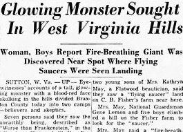 An old newspaper clipping with the headline, "Glowing Monster Sought in West Virginia Hills."